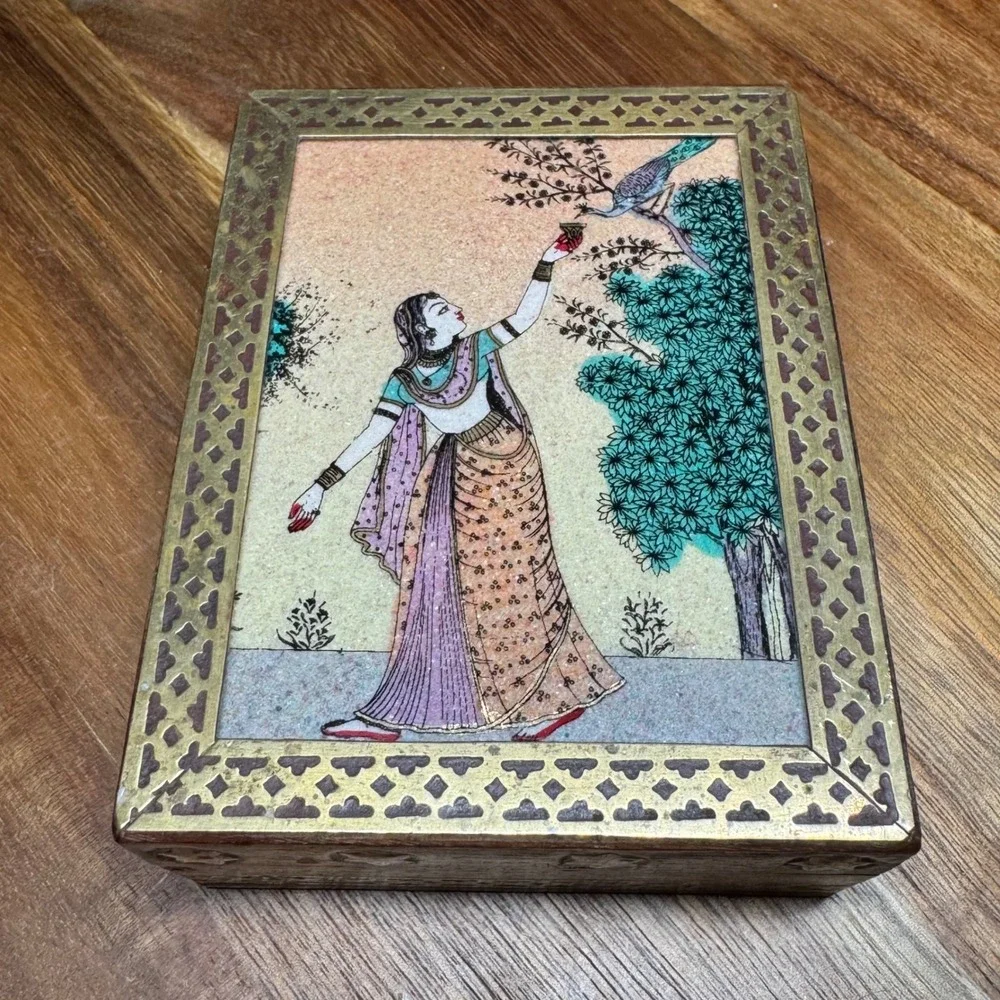 Vintage Indian Hand Painted Stone Inlay Wooden Trinket Jewelry Box Brass Detail